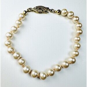 Vintage 7” Faux Pearl Bracelet Gold Tone Filigree Clasp Knotted Beads